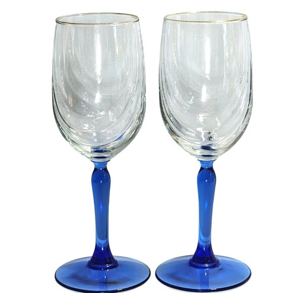 2 Libbey Crystal Blue Water Wine Glasses 8" Cobalt swag optic vintage gold trim - Picture 2 of 8